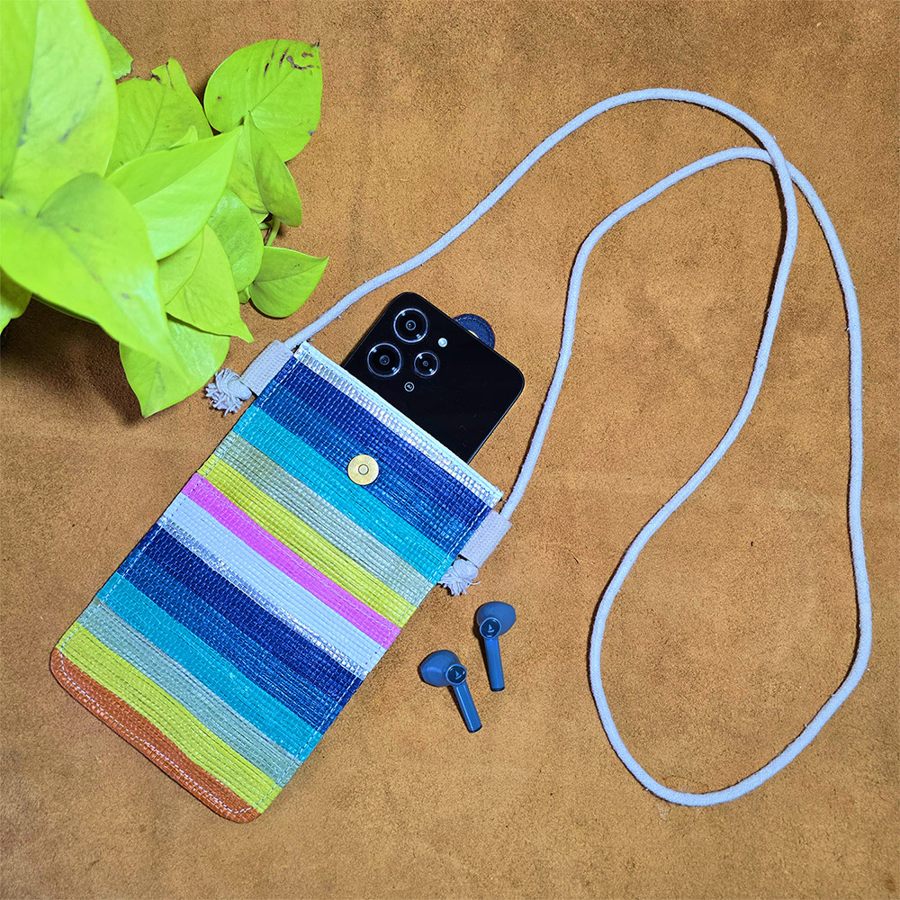 Rajiben- Multicolour strip Upcycled Plastic Handwoven Mobile Sling Bag - Image 3