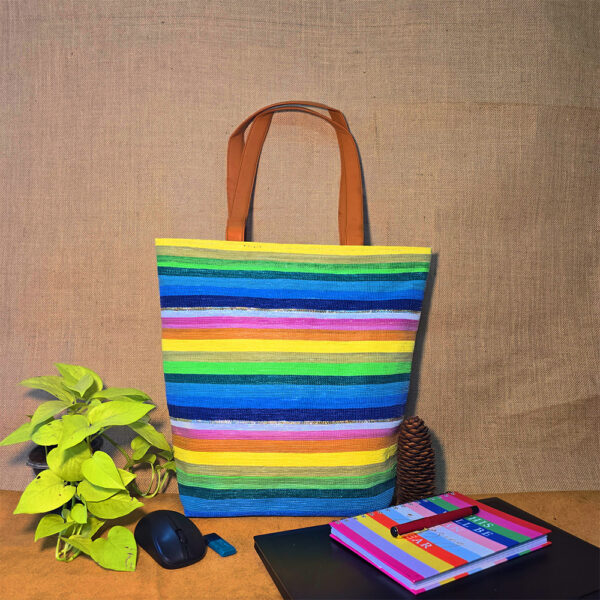 Rajiben- Multicolour Upcycled Plastic Handwoven Wide Top Office Shoulder Bag