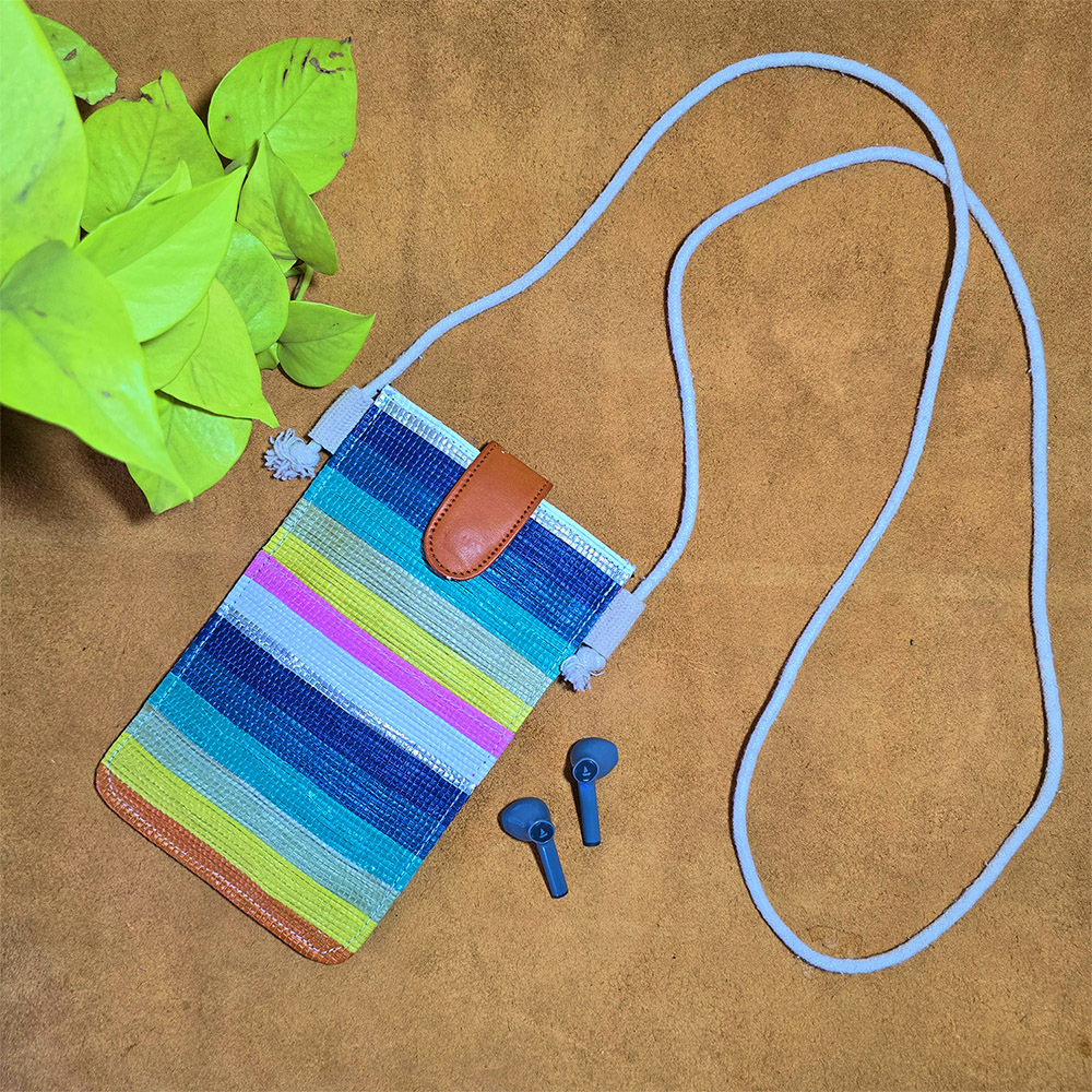 Rajiben- Multicolour strip Upcycled Plastic Handwoven Mobile Sling Bag