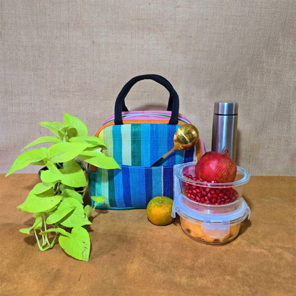 Rajiben – Blue & Pink  Stripe Upcycled Plastic Handwoven Lunch Bag