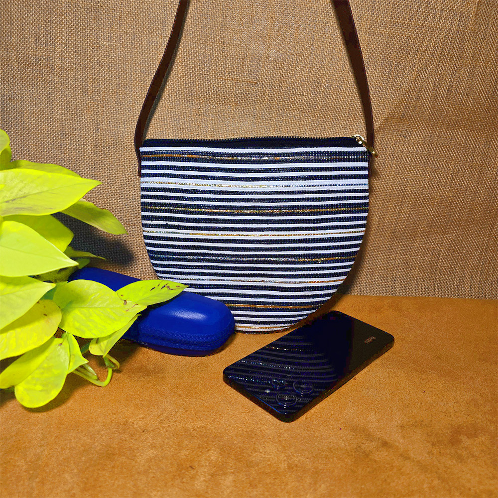 Rajiben- Black & White Stripe Upcycled Plastic Handwoven Half Moon Sling Bag - Image 3