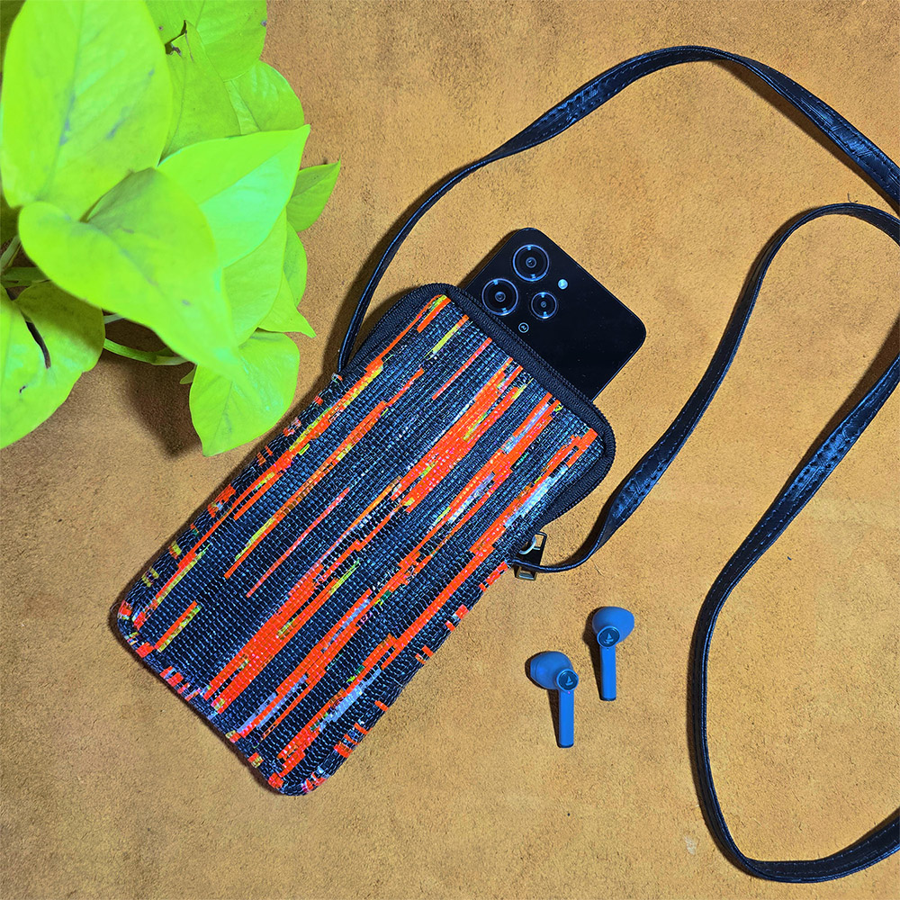Rajiben- Red & Blue Upcycled Plastic Handwoven Mobile Sling Bag - Image 2