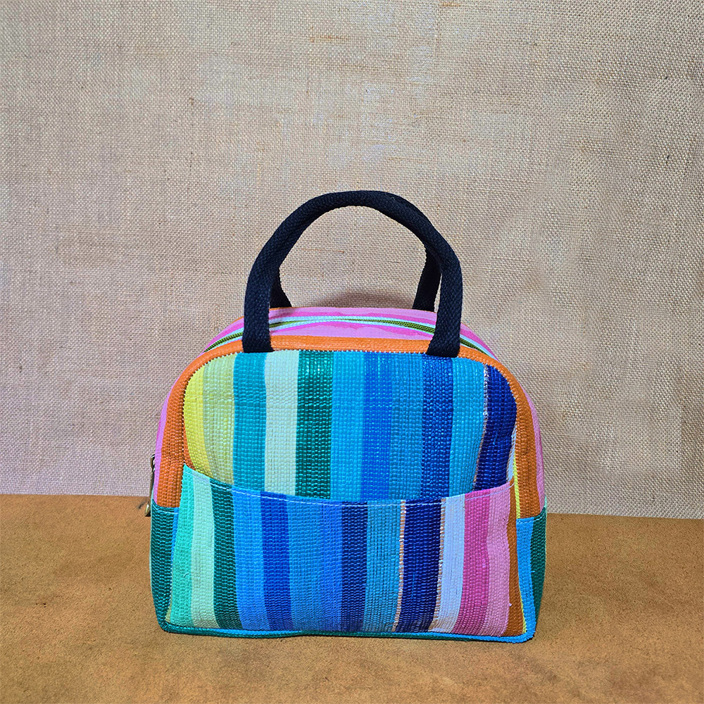 Rajiben – Blue & Pink Stripe Upcycled Plastic Handwoven Lunch Bag - Image 2