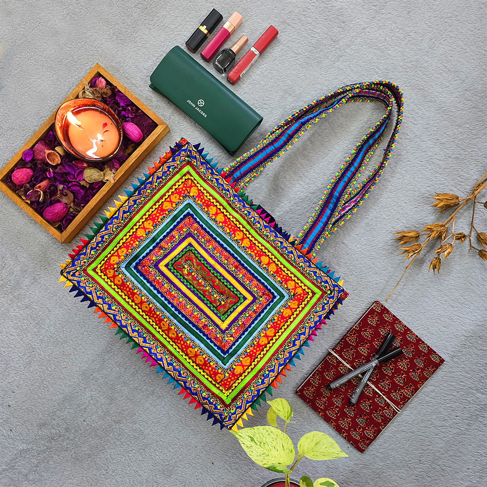 Pabiben- Blue & Yellow Hari Jari Art Rectangular Medium Pabi Bag - Image 3