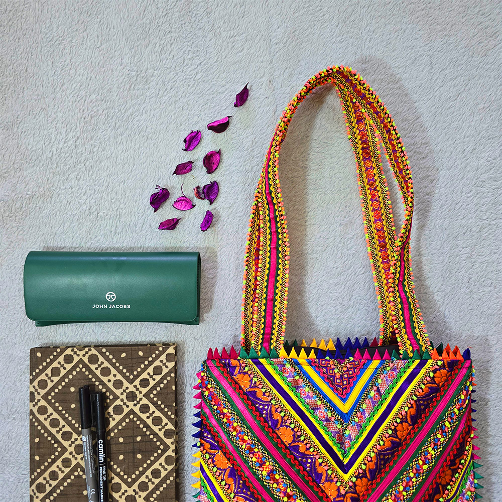 Pabiben- Yellow & Multicolour Hari Jari Art Pabi Rectangular Tote Bag - Image 5
