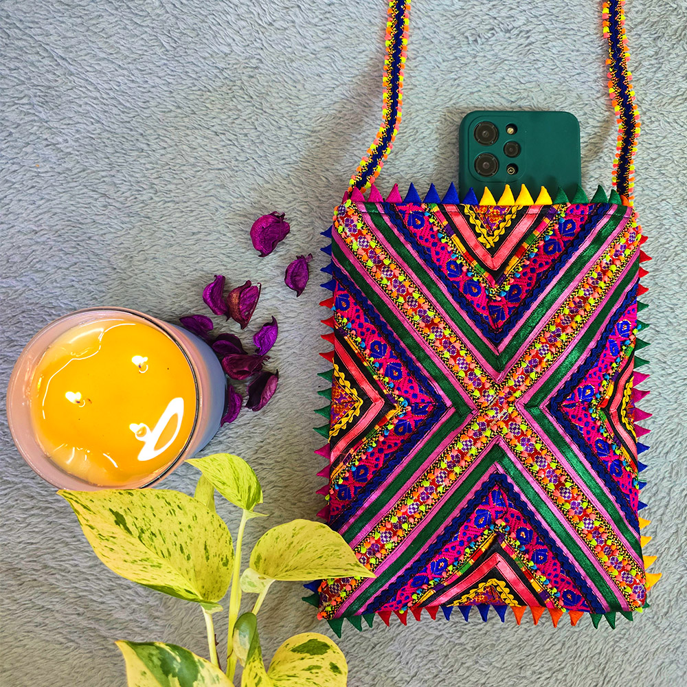 Pabiben- Violet & Multicolour Hari Jari Art Pabi Rectangular Sling Bag - Image 3