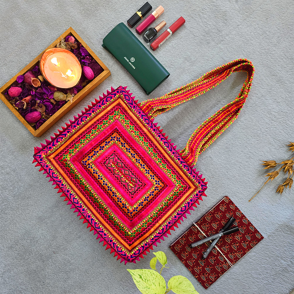 Pabiben- Pink & Orange Hari Jari Art Rectangular Medium Pabi Bag - Image 2