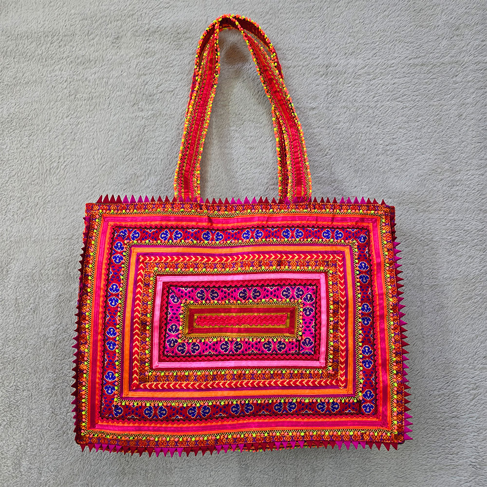 Pabiben- Orange & Pink Hari Jari Art Rectangular Large Pabi Bag - Image 2