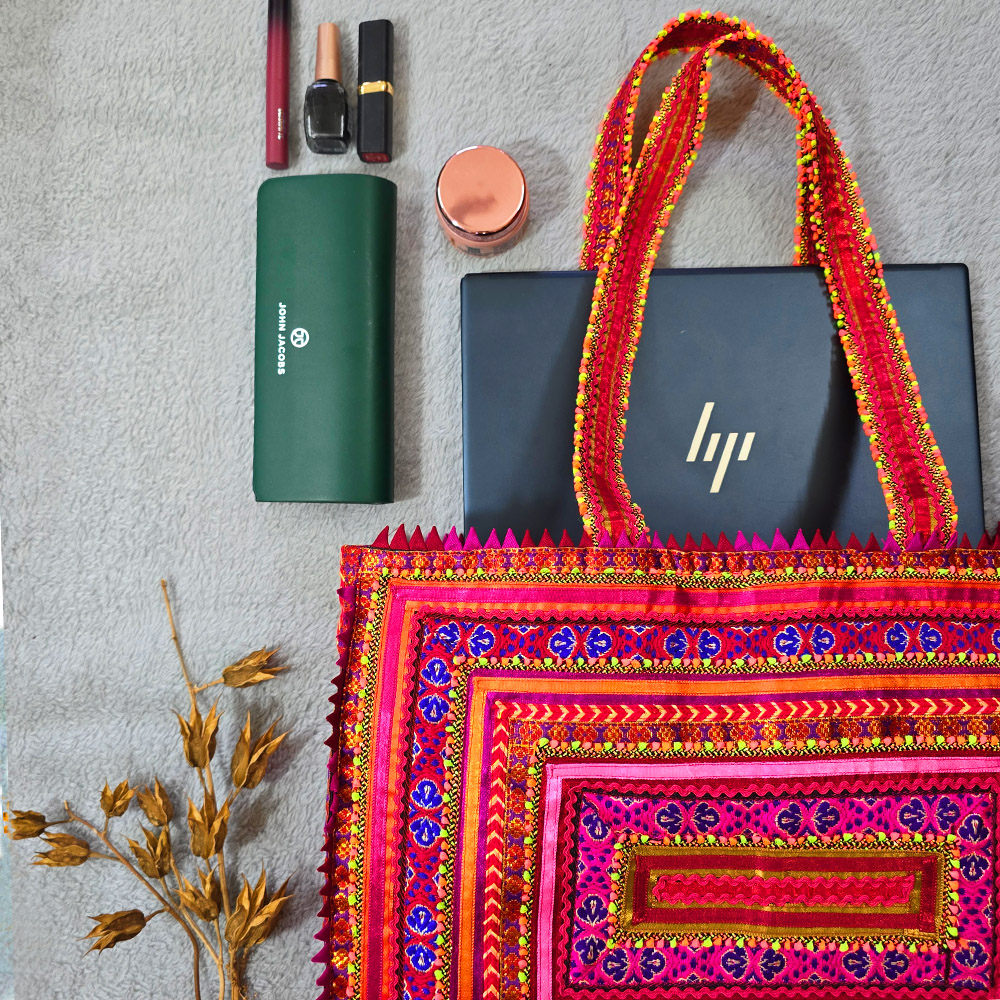 Pabiben- Orange & Pink Hari Jari Art Rectangular Large Pabi Bag - Image 3