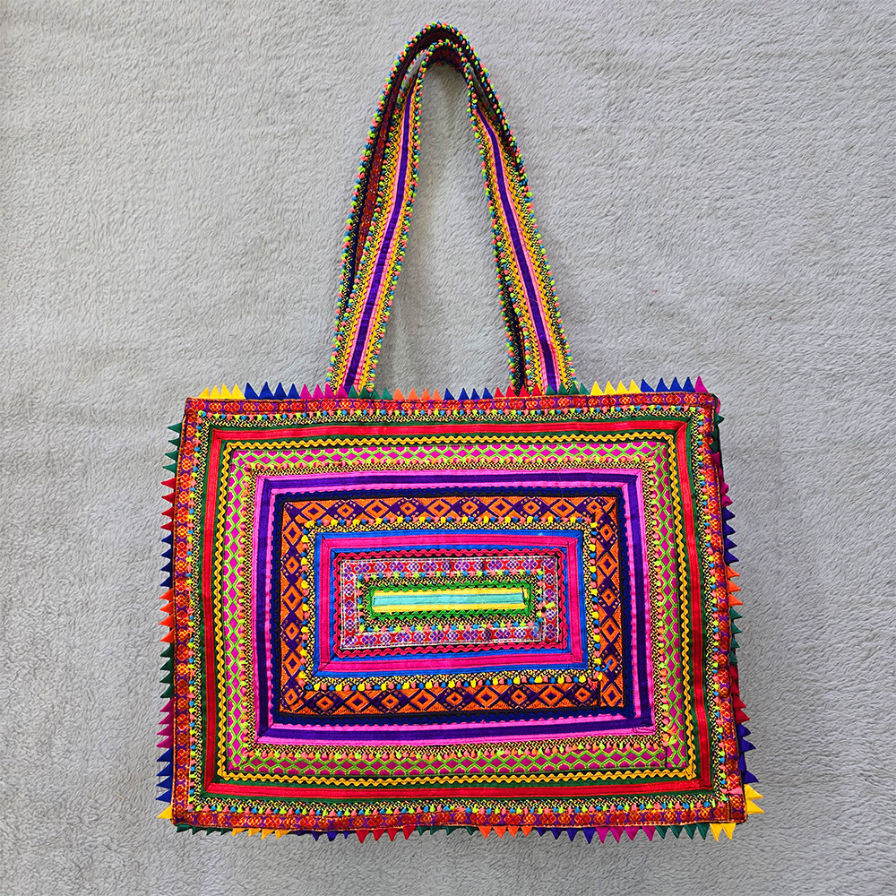 Pabiben - Violet & Multicolour Hari Jari Art rectangular large Pabi Bag - Image 2