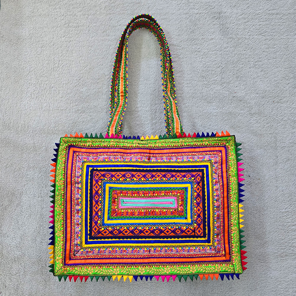Pabiben- Green & Multicolour Hari Jari Art Rectangular Large Pabi Bag - Image 2