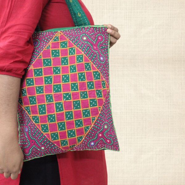 Pabiben- Rabari Embroidered Green & Prink Pabi Tote Bag
