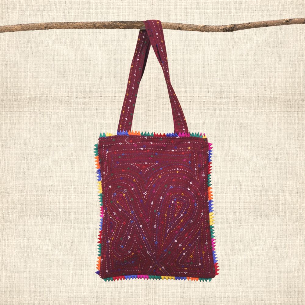 Pabiben- Abstract Design, Rabari Embroidery Pink Multicolour Pabi Tote Bag - Image 3