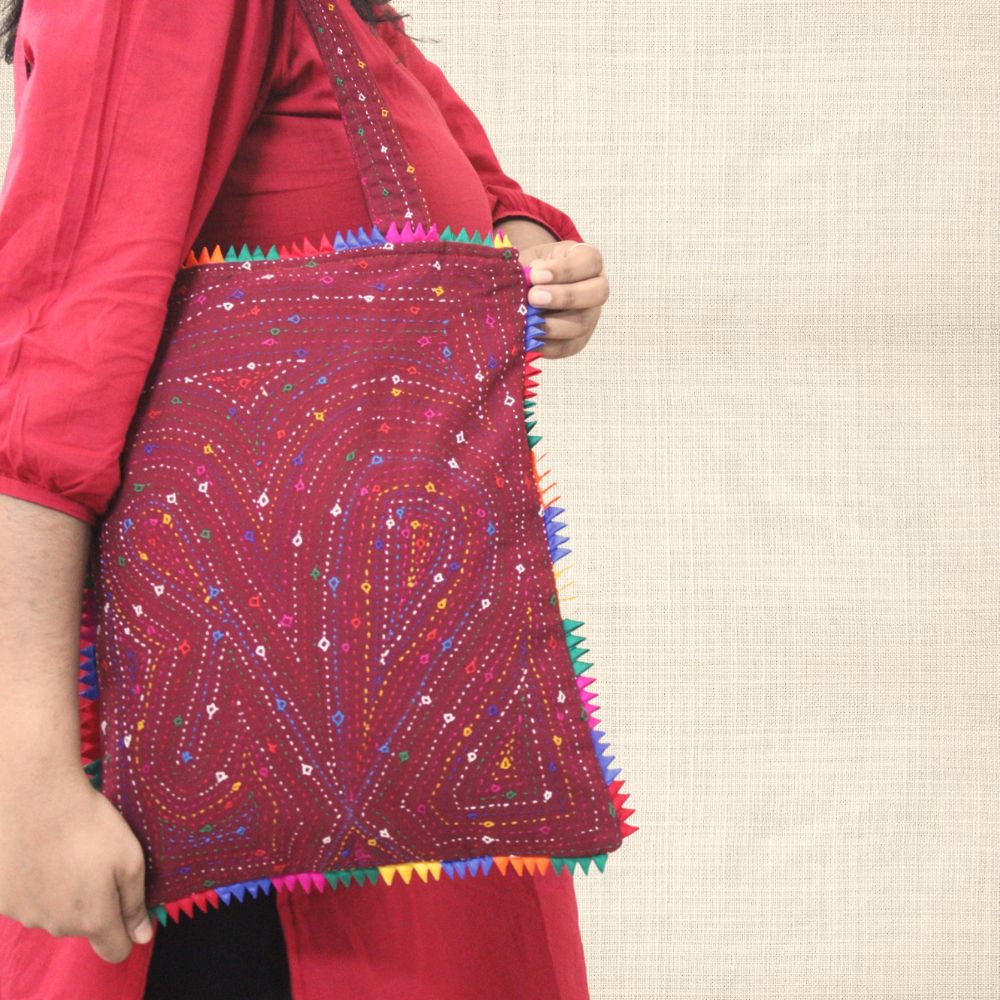 Pabiben- Abstract Design, Rabari Embroidery Pink Multicolour Pabi Tote Bag - Image 4
