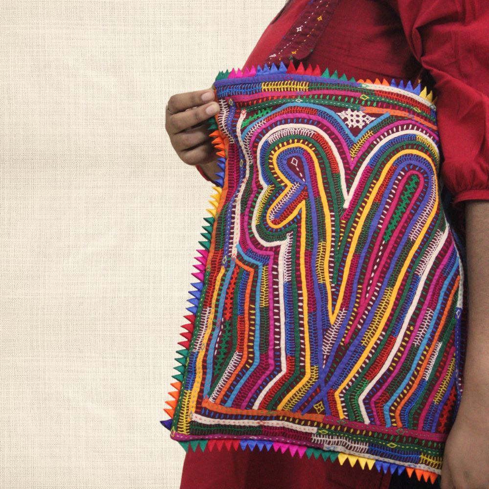 Pabiben- Abstract Design, Rabari Embroidery Pink Multicolour Pabi Tote Bag