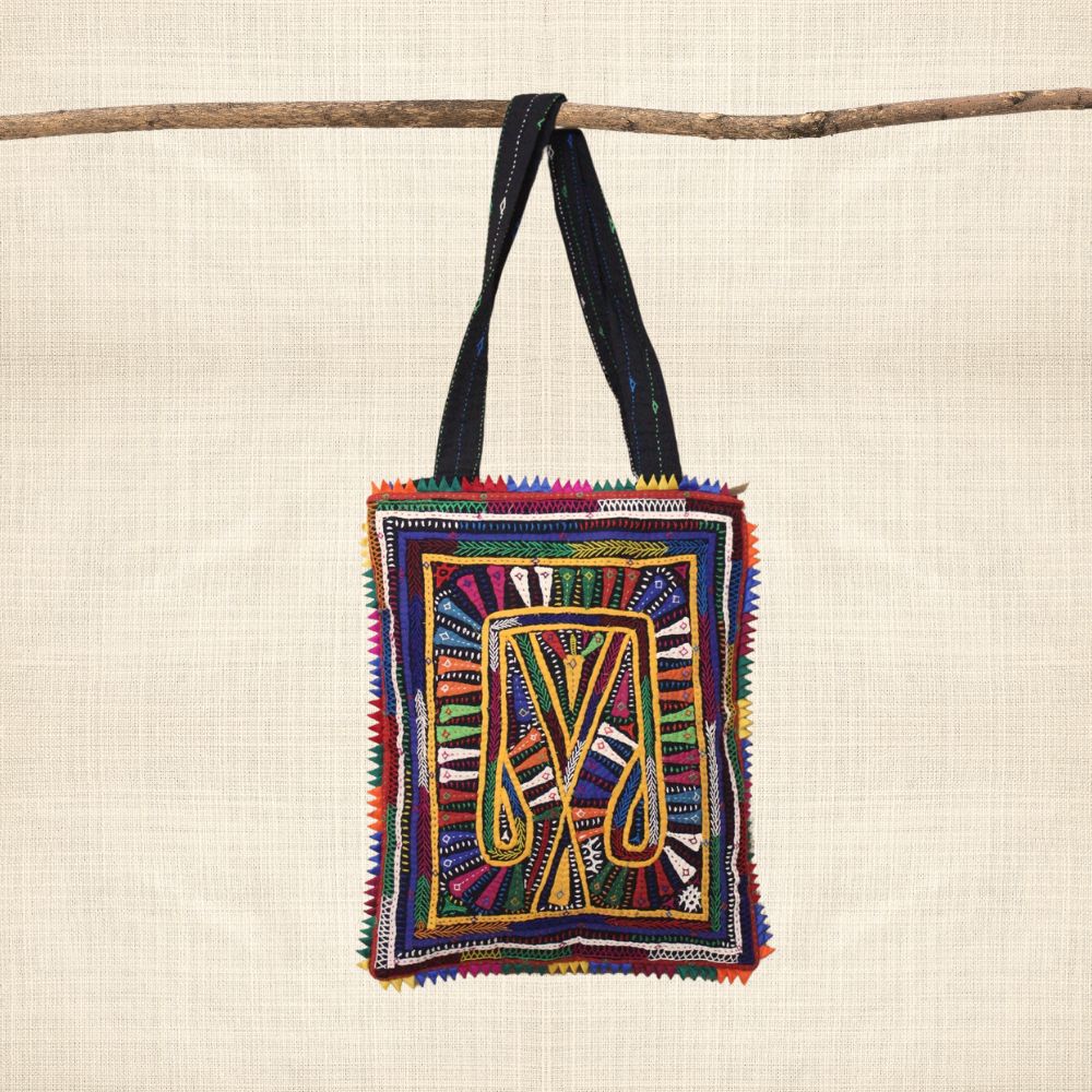Pabiben- Abstract Design, Rabari Embroidery Yellow Multicolour Pabi Tote Bag