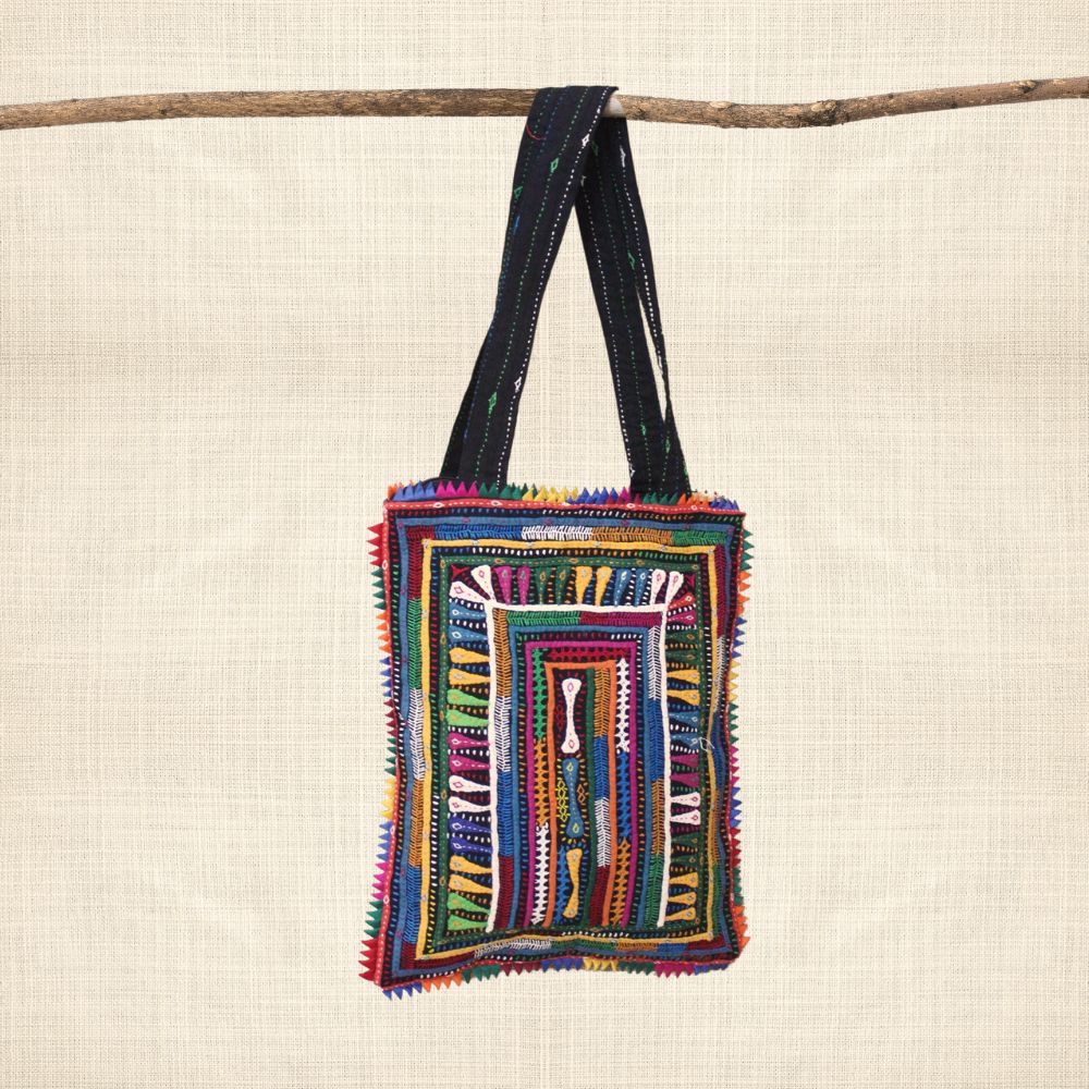 Pabiben- Abstract Design, Rabari Embroidery Violet Multicolour Pabi Tote Bag - Image 2