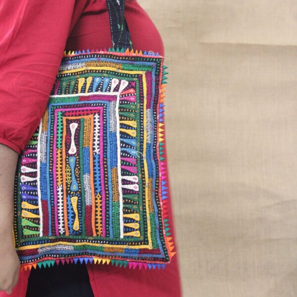 Pabiben- Abstract Design, Rabari Embroidery Violet Multicolour Pabi Tote Bag