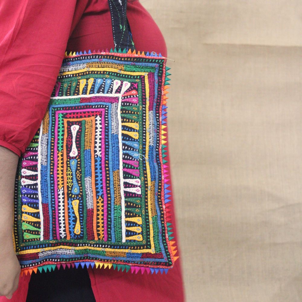 Pabiben- Abstract Design, Rabari Embroidery Violet Multicolour Pabi Tote Bag