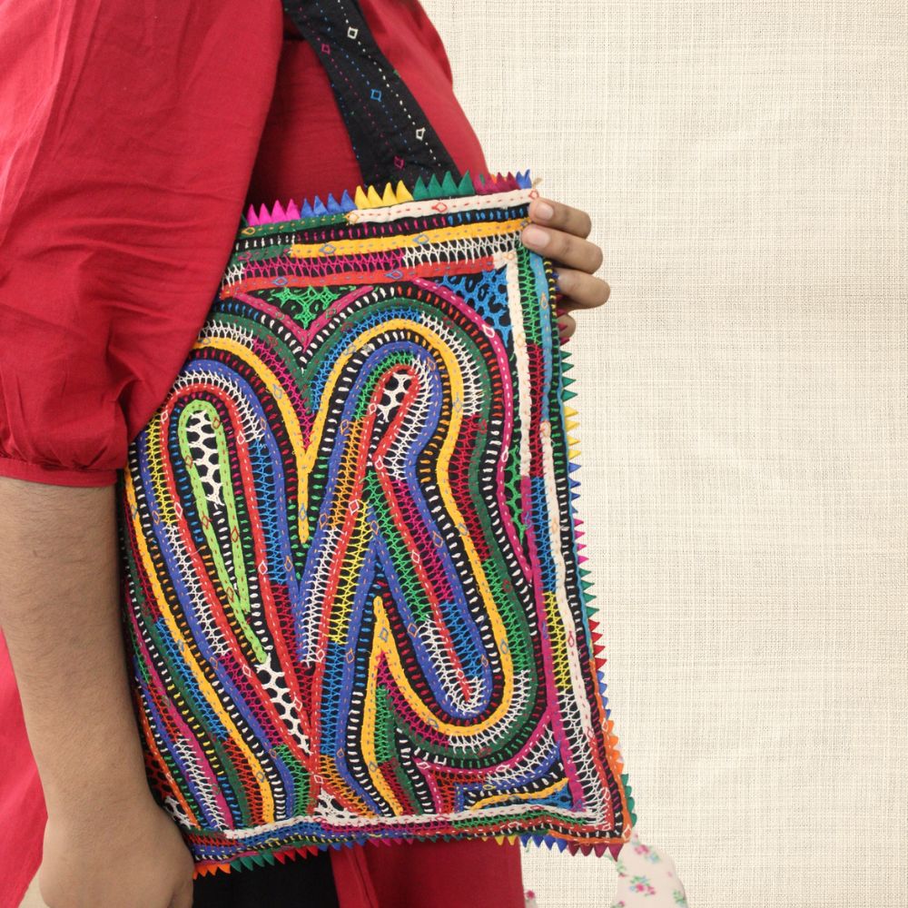 Pabiben- Abstract Design, Rabari Embroidery Multicolour Pabi Tote Bag