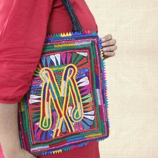 Pabiben- Abstract Design, Rabari Embroidery Yellow Multicolour Pabi Tote Bag