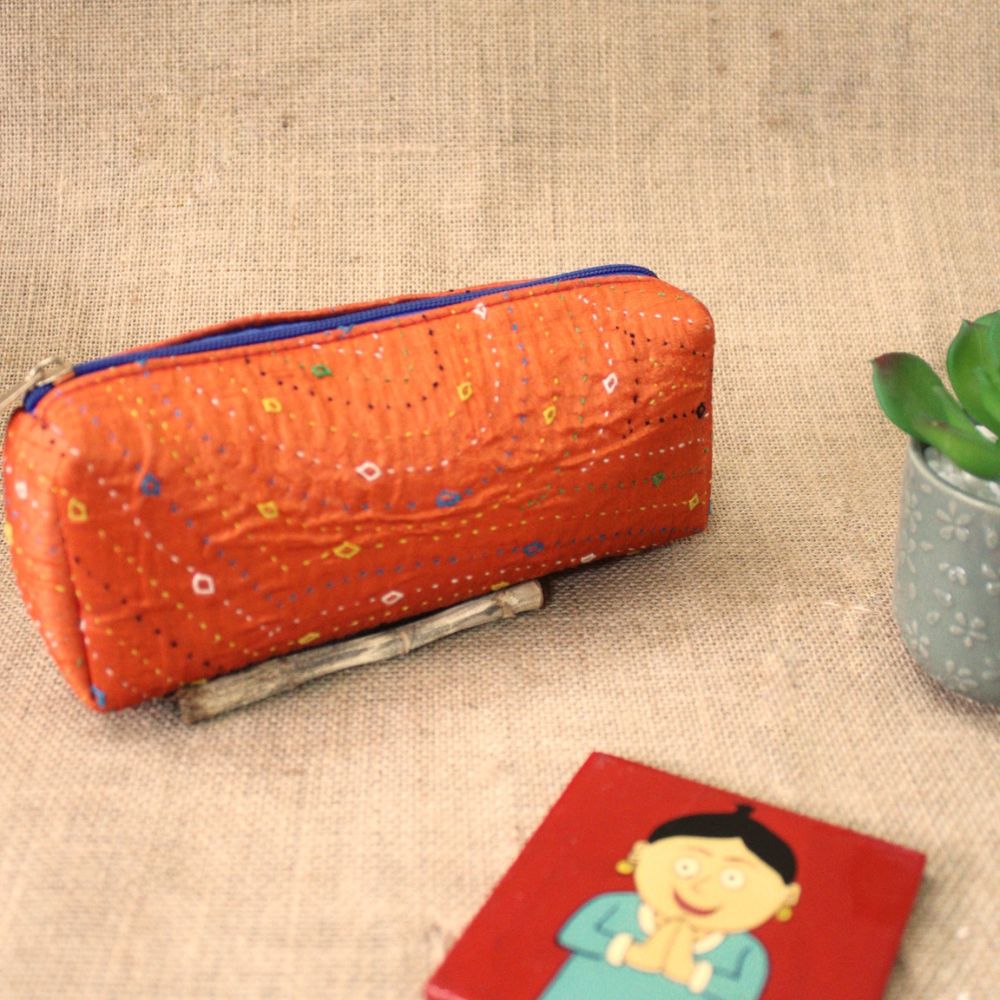 Pabiben- Rabari Embroidery, Handmade Orange Multipurpose Pouch