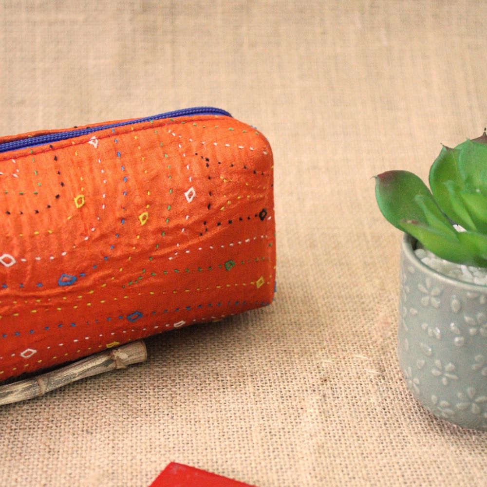Pabiben- Rabari Embroidery, Handmade Orange Multipurpose Pouch - Image 2