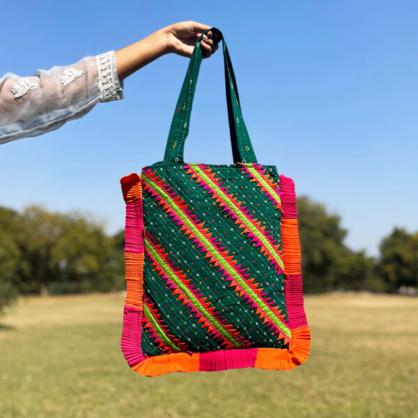 Pabiben- Rabari Embroidered Dark Green & Orange Pabi Tote Bag