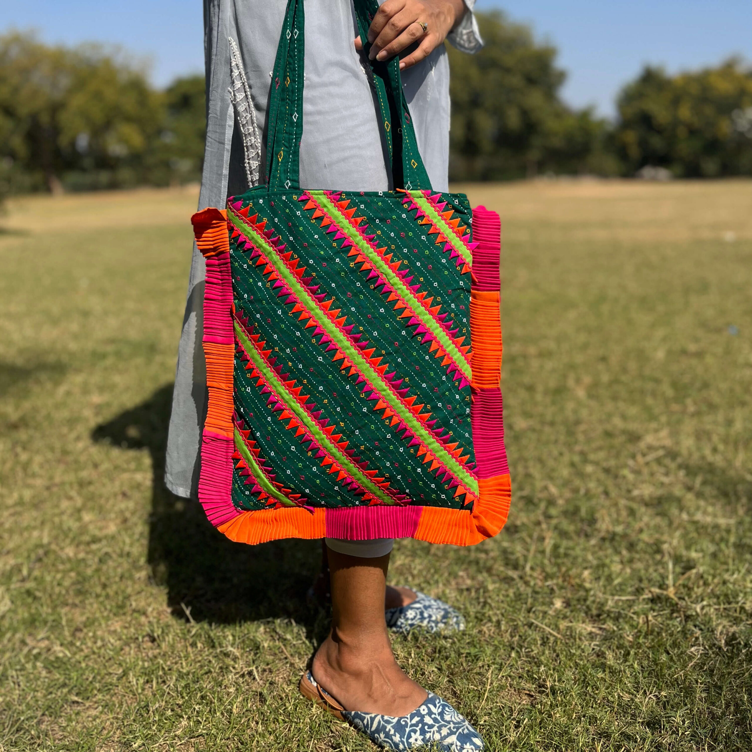 Pabiben- Rabari Embroidered Dark Green & Orange Pabi Tote Bag - Image 2