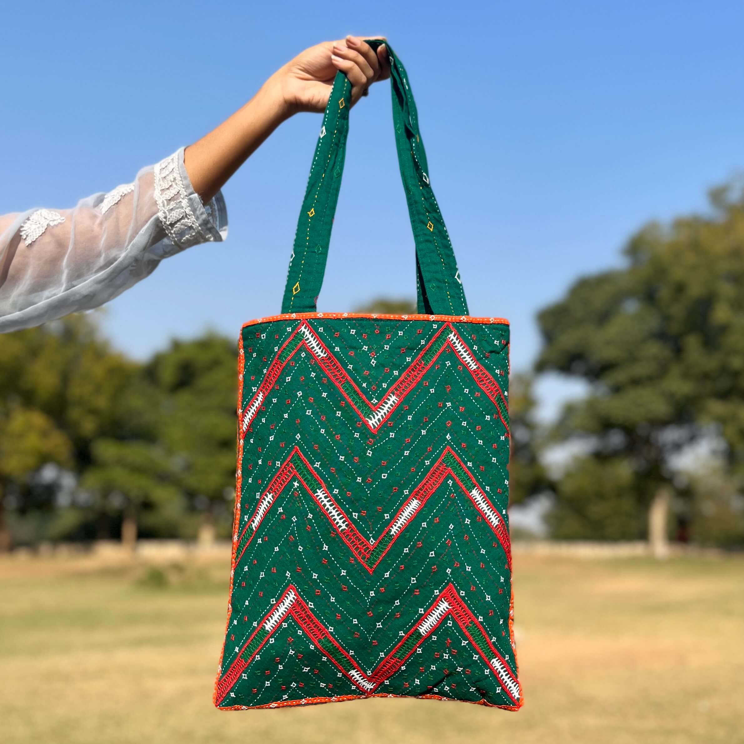 Pabiben- Rabari Embroidered Green & Orange Pabi Tote Bag - Image 2