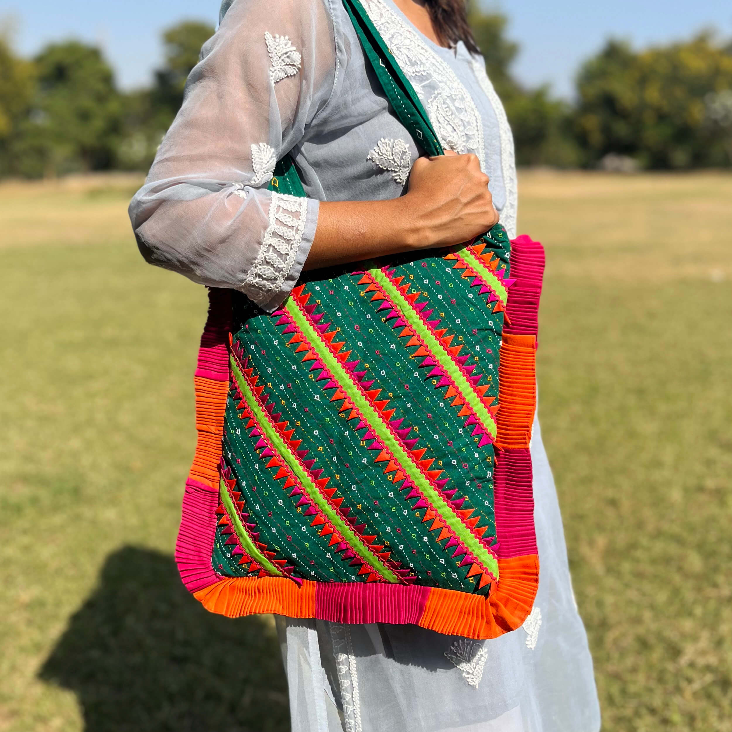 Pabiben- Rabari Embroidered Dark Green & Orange Pabi Tote Bag - Image 3