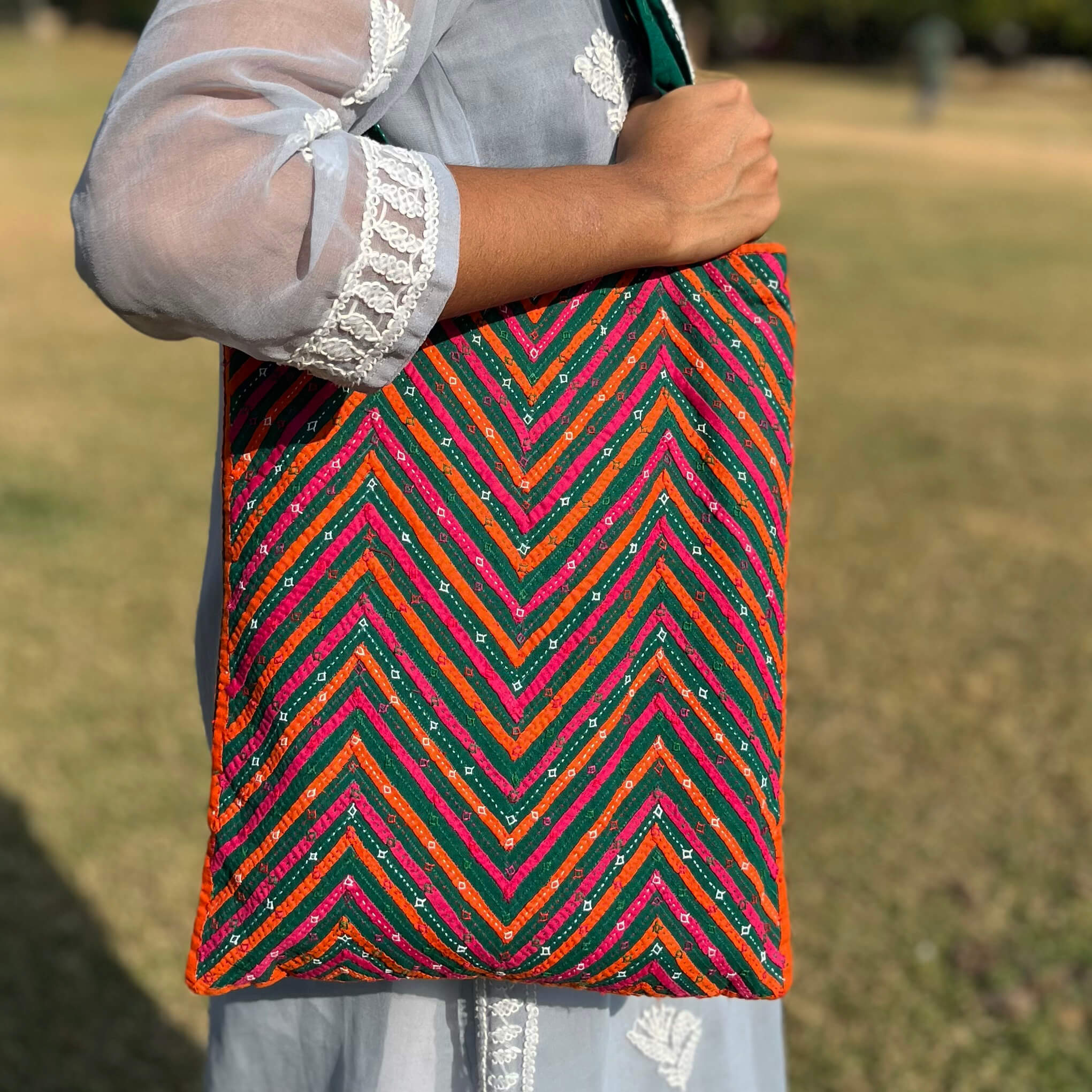 Pabiben- Rabari Embroidered Green & Orange Pabi Tote Bag - Image 3
