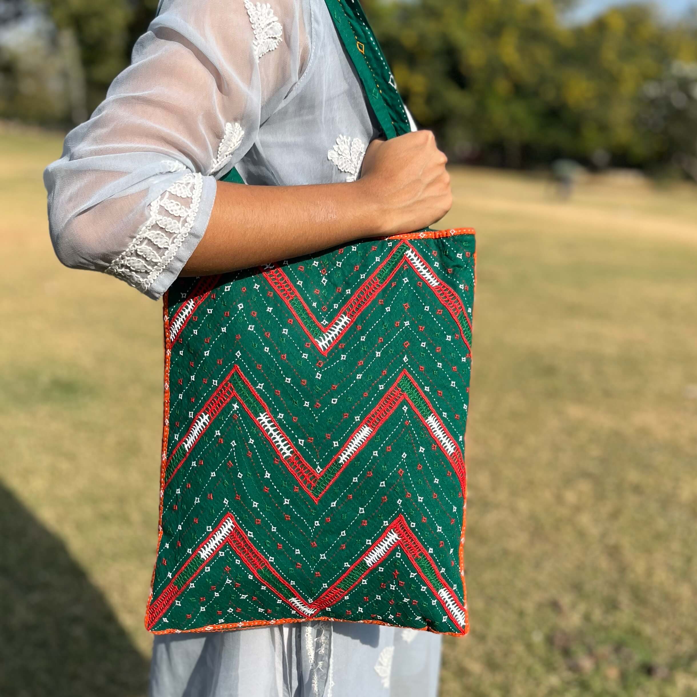 Pabiben- Rabari Embroidered Green & Orange Pabi Tote Bag - Image 4