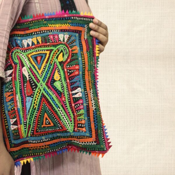 Pabiben- Abstract Design, Rabari Embroidery Green Multicolour Pabi Tote Bag