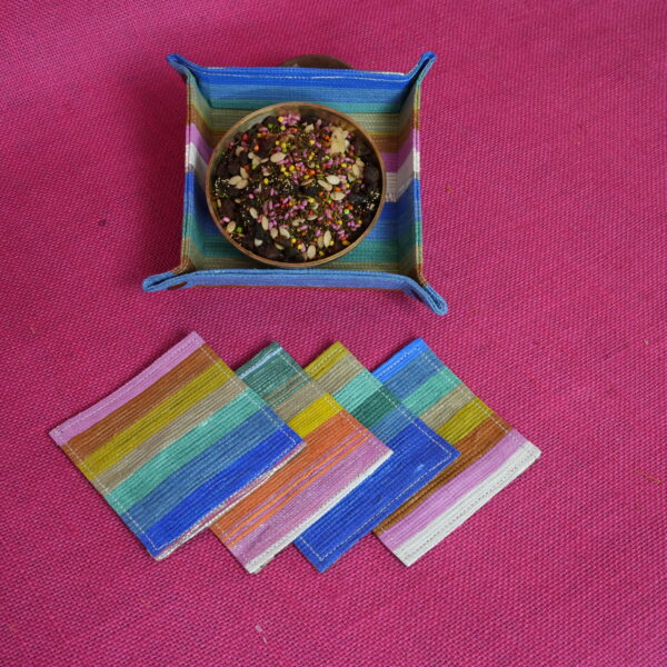 Rajiben – Multicolour tripe Upcycled Plastic Handwoven Tray (Small)