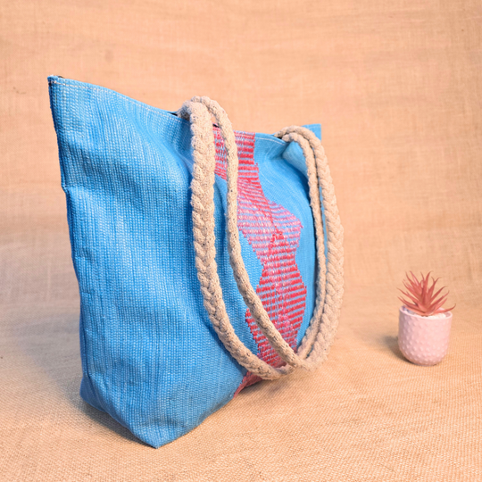 Rajiben- Red & Blue Upcycled Plastic Handwoven Rectangular Shoulder Bag - Image 3