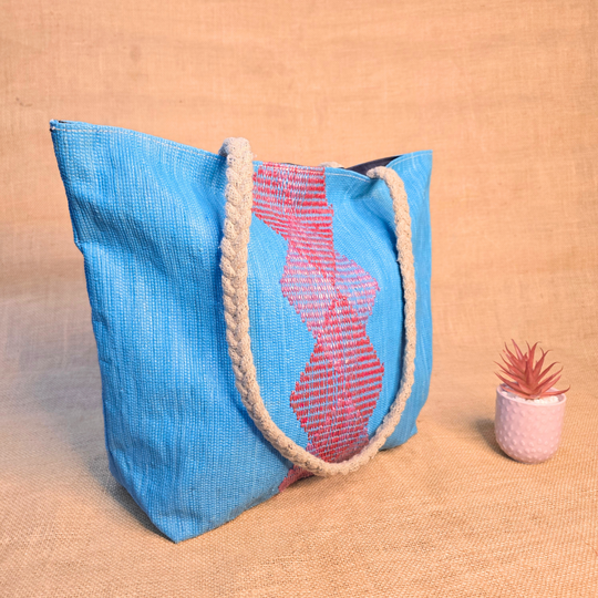 Rajiben- Red & Blue Upcycled Plastic Handwoven Rectangular Shoulder Bag - Image 5