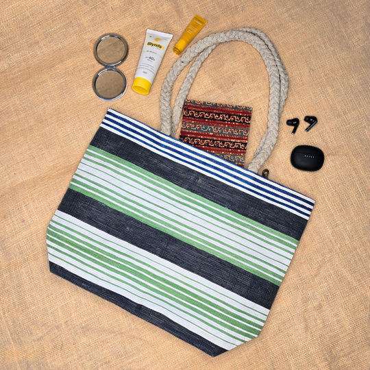 Rajiben- Green & Black Horizontal Stripe Upcycled Plastic Handwoven Rectangular Shoulder Bag - Image 3