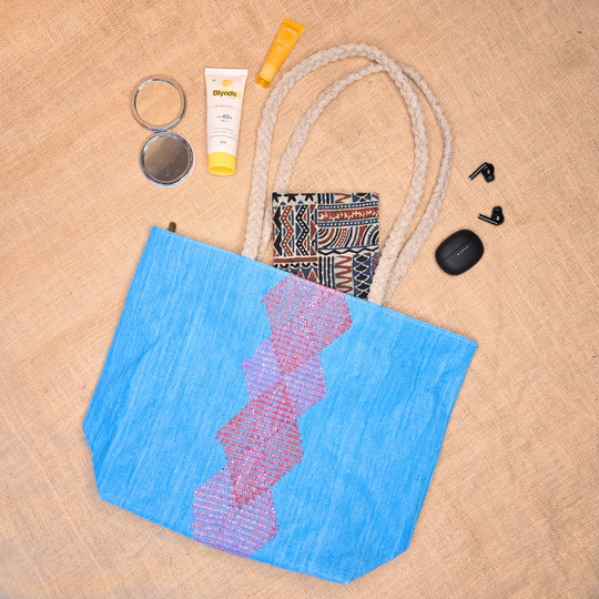 Rajiben- Red & Blue Upcycled Plastic Handwoven Rectangular Shoulder Bag - Image 4