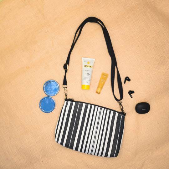 Rajiben- Black & White strip Upcycled Plastic Handwoven Rectangular Sling Bag - Image 3