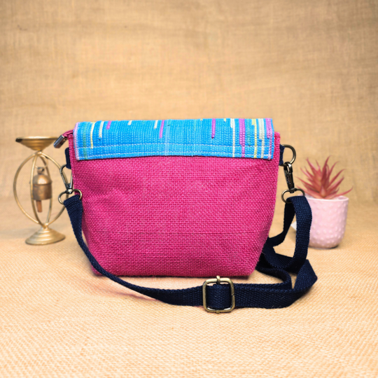 Rajiben- Pink- multicolour flap Upcycled Plastic Handwoven Sling Bag - Image 5