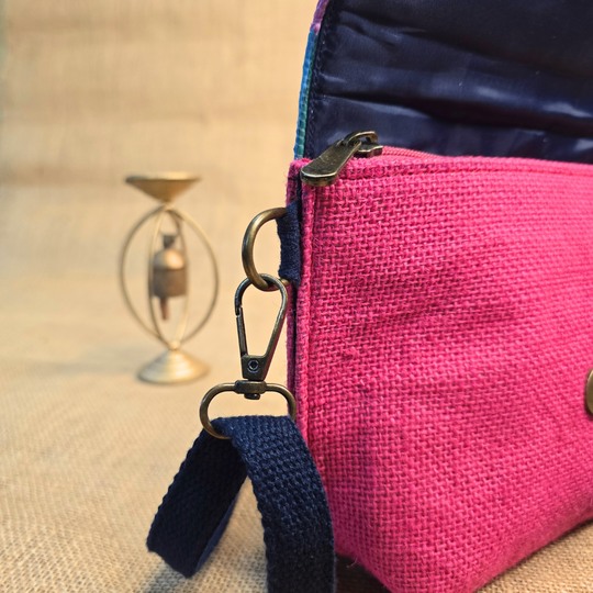 Rajiben- Pink- multicolour flap Upcycled Plastic Handwoven Sling Bag - Image 3