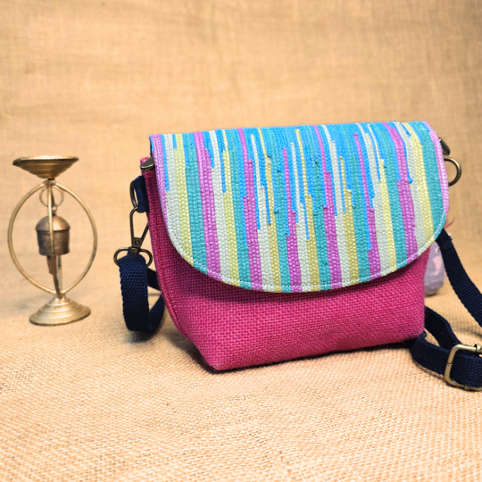Rajiben- Pink- multicolour flap Upcycled Plastic Handwoven Sling Bag - Image 4
