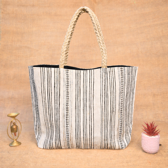 Rajiben- White & Black Stripe Upcycled Plastic Handwoven Rectangular Tote Bag