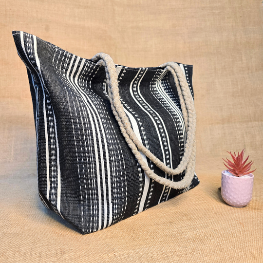 Rajiben- Black & White Stripe Upcycled Plastic Handwoven Rectangular Tote Bag - Image 3