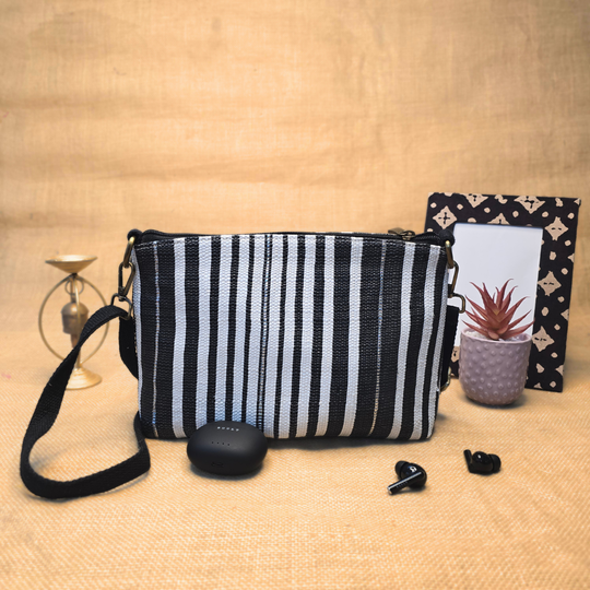 Rajiben- Black & White strip Upcycled Plastic Handwoven Rectangular Sling Bag