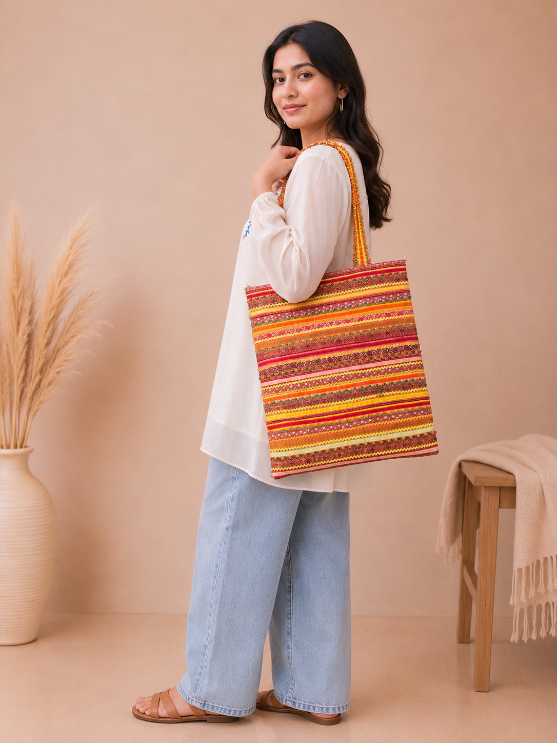 Pabiben- Yellow Hari Jari Art Pabi Rectangular Tote Bag - Image 4