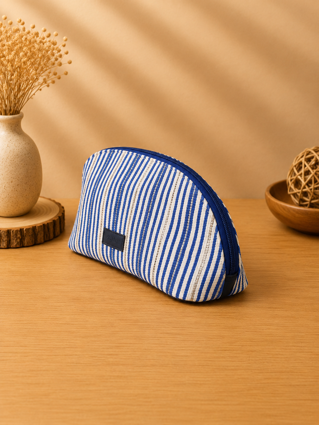 Rajiben- Blue & White Strip Upcycled Plastic Handwoven Everyday Use Pouch - Image 2