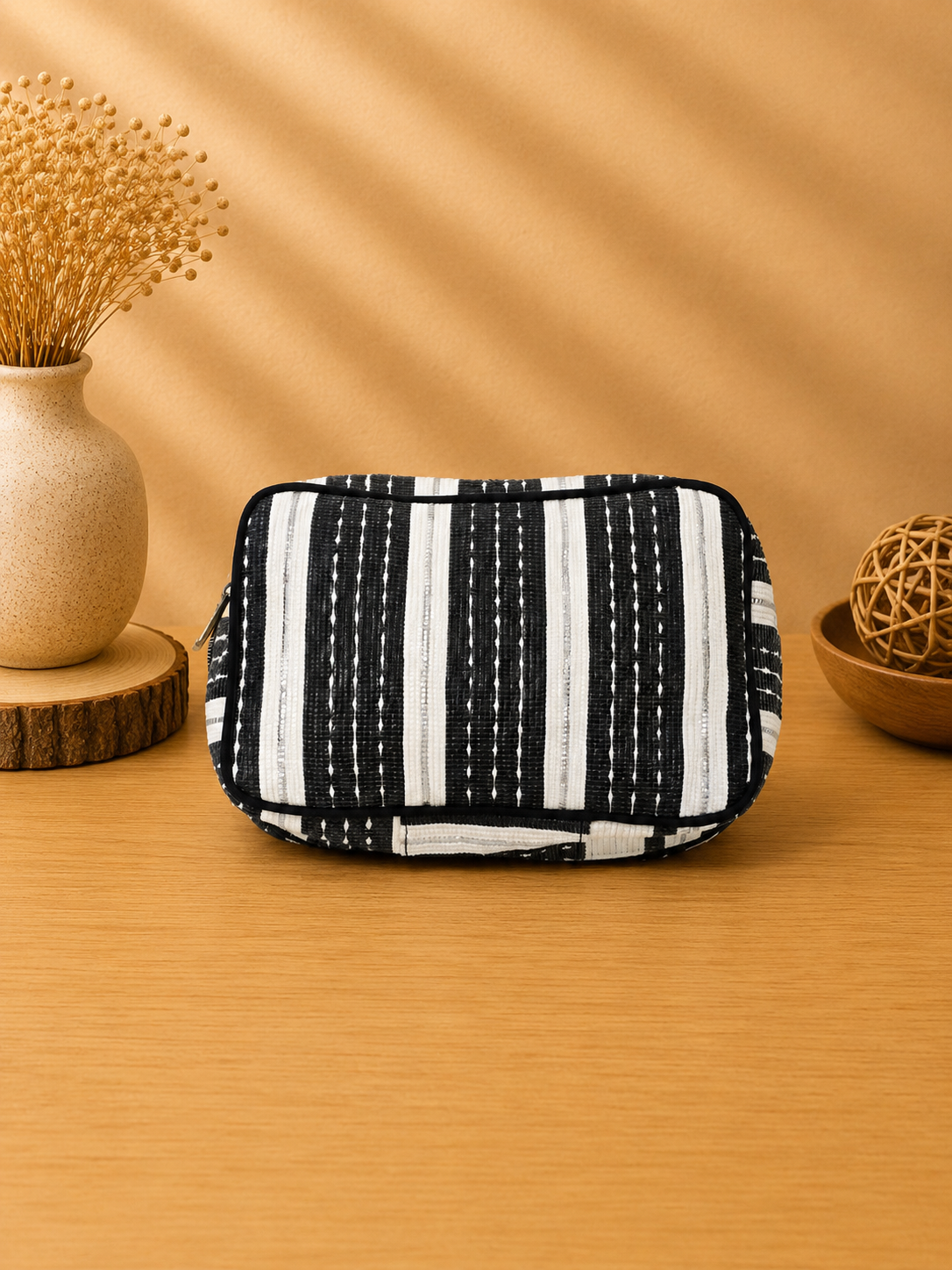 Rajiben- Black & White Strip Upcycled Plastic Handwoven Everyday Use Pouch - Image 2