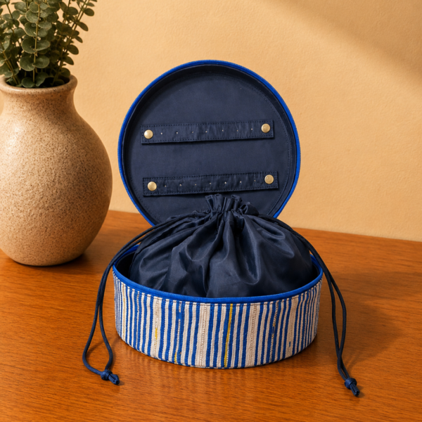 Rajiben-  Blue & White Strip Upcycled Plastic Handwoven Circular Jewellery Box 